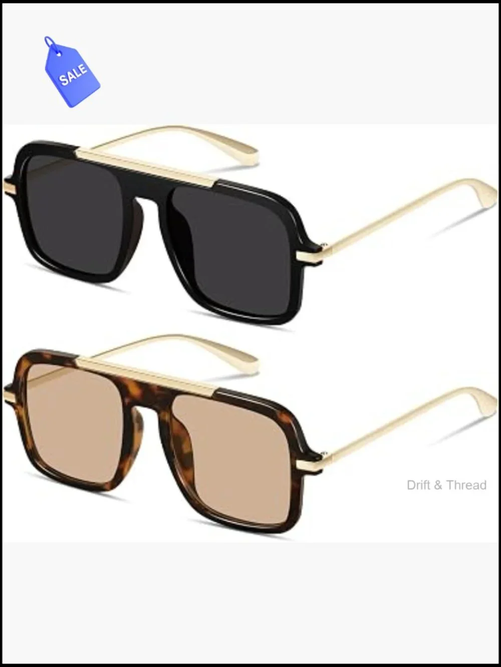 Vintage Aviator Sunglasses Retro Square Metal Frame UV400 Protection Oversized